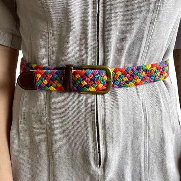 Fossil Womens Rainbow Pride Solid Brass Brown Leather Retro Belt Sz M - Picture 1 of 8